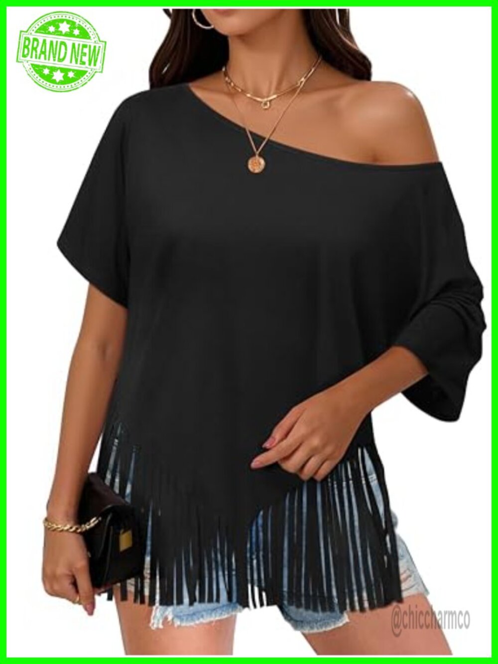 Oversized One Shoulder Fringe T-Shirt Western Cowgirl Top